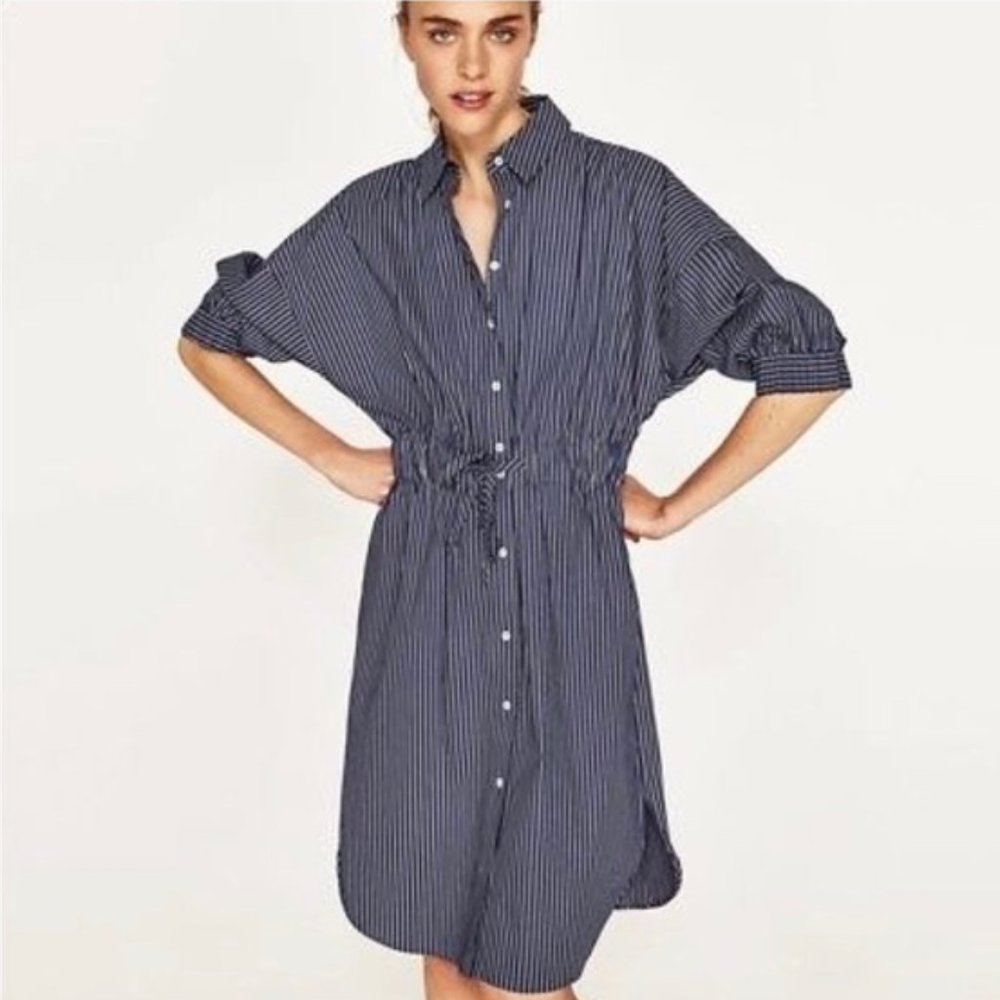 Zara Cotton Button Up Striped Cotton Shirt‎ Dress 1/2 Sleeves Medium